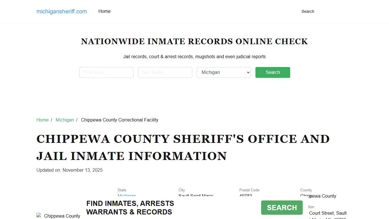 Chippewa County Sheriff, Michigan, Jail Inmate Search